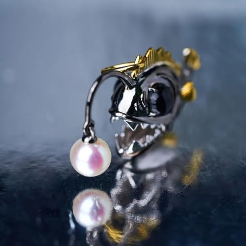 Hi Pearl Necklaces for Men Women Unisex Angler Fish Necklace Small Lantern Fish Pendant Choker Necklace Freshwater Natural Pearl Lure, 18 Inches with Extender2