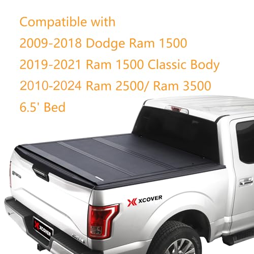 Xcover Low Profile Hard Folding Truck Bed Tonneau Cover, Compatible with 2009-2018 Dodge Ram 1500, 2019-2021 Ram 1500 Classic Body, 2010-2024 Ram 2500/3500 Pickup 6.5 Ft Fleetside Bed - Thumbnail 2