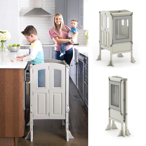 Martha Stewart Kitchen Helper® Stool by Guidecraft with 2 Keepers - Taupe: Wooden, Foldable, Adjustable Height, Safe Cooking Learning Step Stool for Toddlers