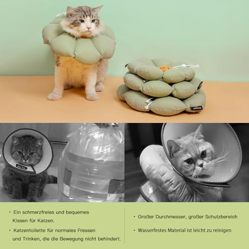 THKOFPET Halskrause Katze, Einstellbarer Katzenhalskragen, Weiche Blumen Katzenhalskrause Kragen Cone, für Katzen und kleine Hunde nach Operationen und Verletzungen (grüner, M)