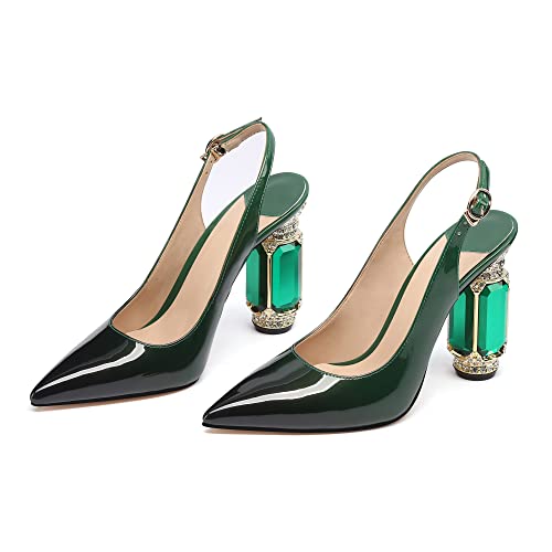 Image of JANSEVEN Women Chunky Heels Pumps Crystal Block Heels with Rhinestones Pointed Toe Sexy Gradient Patent Leather Slip on Bridal Party Wedding Dress Shoes 5-13 M US
