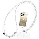 [AOKKR] スマホストラップ 首掛け, ショルダーストラップ 1本+透明タグパッチ3枚入り ネックストラップ 肩掛け用 ロング 携帯ストラップ 斜めがけ 首から下げる 長さ調整可能 忘れ物防止 スマホ紛失予防に 全機種対応 スマホストラップ, [ホワイト+ゴールド]