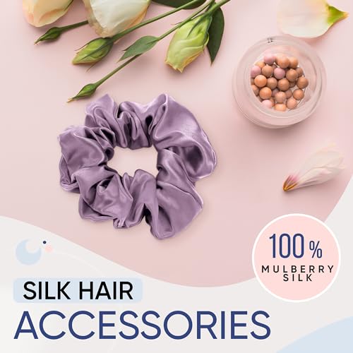 Image of Blissy Silk Scrunchies (3 Pack) - 100% Pure Mulberry Silk - 22 Momme 6A High-Grade Fibers Scrunchie for Straight & Curly Hair - Preventing Breakage, Tangling, & Creasing (Lavender Skinny)