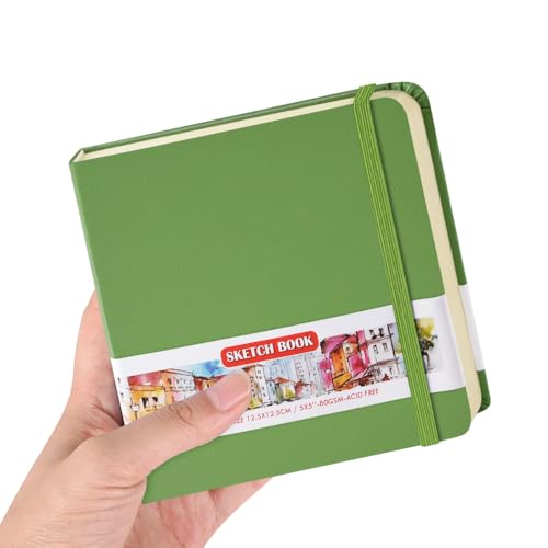 Image of 5x5 Pocket Sketch Book,80gsm Hardcover Art Sketchbook for Drawing Journal | PU Cover,Blank Paper,96Sheets /192Pages,Lay-Flat,Portable Travel Creation Paint Diary Memo Planner,Dry Media.Green
