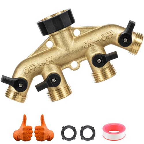 Image of SheeChung 4 Way Hose Splitter, Heavy Duty Brass Garden Hose Splitter Manifold, 3 /4 inch Multi Water Hose Connector Adapter, Outdoor Faucet Spigot Splitter with 4 Shut-Off Valves