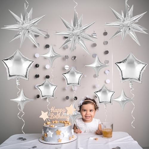 Image of Star Balloons New Years Balloons 22 Inch Metallic Silver Explosion Stars Foil Balloon 18 10 In Chrome Star Shaped Helium Balloon for Happy New Year Eve Baby Shower Wedding Birthday Party Decor