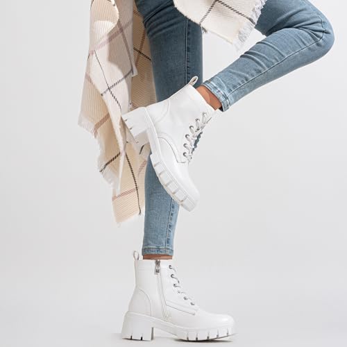 Vepose Women's White Combat Ankle Boots, Platform Chunky Low Heel PU Leather Lace up Botas, Comfortable Casual Military Booties with Side Zipper, 9626, Size 8 US(CJY9626 White 08) by Vepose - Used condition - Image 2