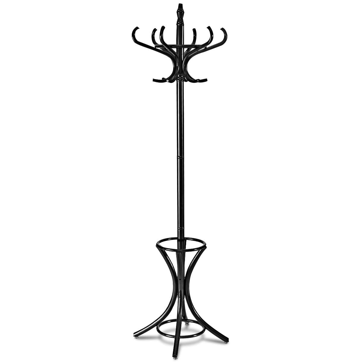 COSTWAY Coat Rack, 12 Hooks Freestanding Clothes Hat Hanger Stand with Umbrella Holder, Solid Wood Display Hall Tree Storage Organiser Unit for Home Bedroom, Hallway, Entryway and Office (Black)
