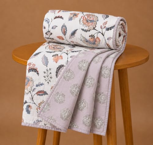 Image of Amazon Brand - Umi Lightweight Cotton AC Dohar Blanket 57x87 Inches | 160 TC Single Bed Quilt | Three Layer Soft Comforter | Elegant Floral Design