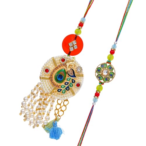 Image of Bhai Bhabhi Rakhi Set - Peacock Designer Rakhi with Stone & Pearl Work Lumba with Tassel for Bhabhi | Raksha Bandhan Gift
