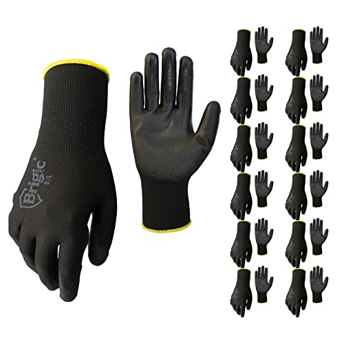 Brigic 12 Pairs Pu Coated Work Gloves, Eco-Friendly Work Gloves For Men And Women, Excellent Grip, Bulk Pack Package Black (Large) #TOP11