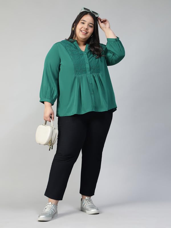 Image of oxolloxo Plus Size Polyester Casual Tops | Relaxed Fit Solid Solid V-Neck |Regular Curved Tops ForPlus Size Women |Green