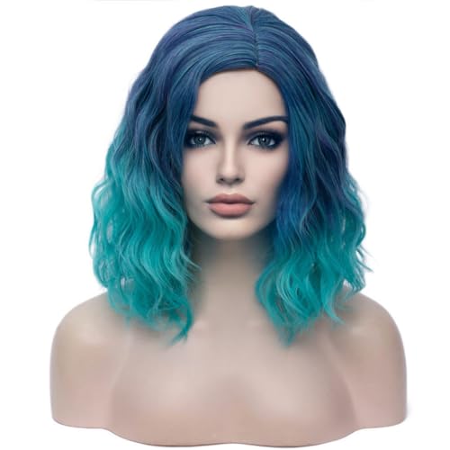 Image of BERON Blue Ombre Womens Short Curly Wavy Wig 14 inch Synthetic Party Halloween Hair Wigs Wig Cap Included