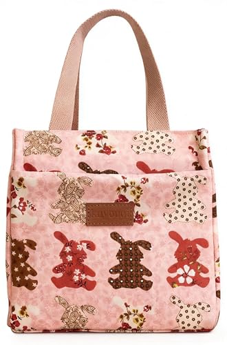 Joolxxo 断熱 ランチバッグ うさぎモチーフ 和柄 再利用可能 漏れ防止 お弁当袋 保冷バッグ 大容量 厚手保温バッグ ランチトートバッグ 保温バッグ 通勤 通学 ピクニック 仕事 オフィス 旅行用 男女兼用 (ピンクのウサギ)