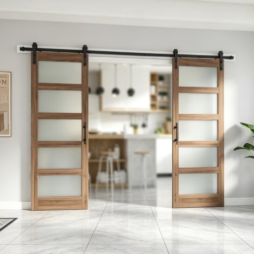 Image of FREDBECK 64 x 84 inch Frosted Glass Barn Doors with Hardware Kit Included | Brown sliding barn door