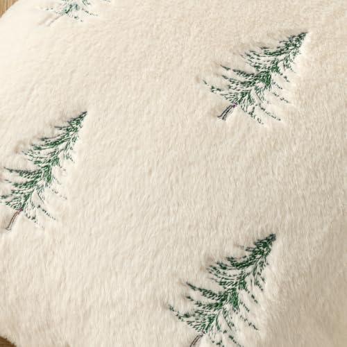 Image of MIULEE Christmas Decorative Faux Fur Pillow Covers 18x18 Inch Beige Green | Set of 2, Embroidered Christmas Tree Throw Pillows, Winter Couch Covers, Festive Home Decor for Sofa Bedroom Living Room