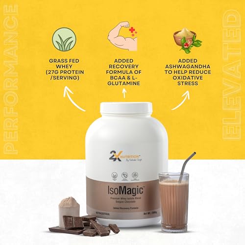 Image of 2X Nutrition Premium Whey Isolate Blend Protein Powder ISOMAGIC with Ashwagandha, 27g Protein, Low Fat & Carbs, for Faster Muscle Growth, Added Free-Form BCAA & L-Glutamine, Belgian Chocolate, 2Kg