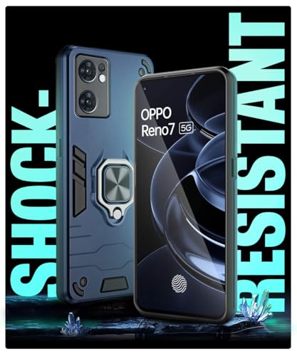 Image of WOW IMAGINE Shock Proof Back Case Mobile Cover for Oppo Reno 7 5G | Back Cover Case (Tough Armor | Hybrid PC + TPU | Ring Holder & in-Built Kickstand | Blue)