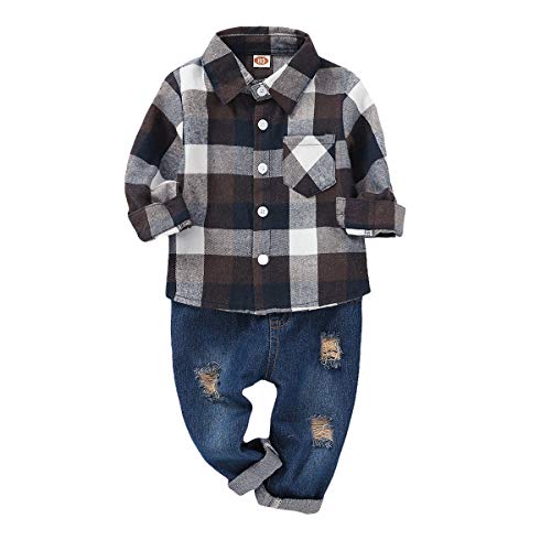 2Pcs Baby Boys Girls Toddler Infant Red Plaid Flannel Shirt Elastic Waist Ripped Holes Soft Jeans Outfit Set (3-4T, Coffee)
