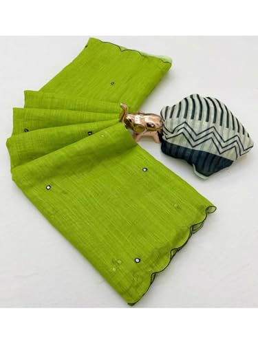 Image of Linen Cotton Saree with Black Mirror Work | New