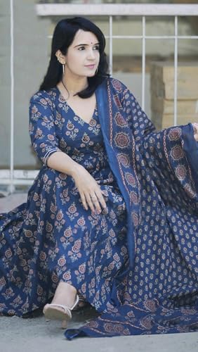 Image of GoSriKi Women's Rayon Blend Printed Anarkali Kurta with Pant & Dupatta