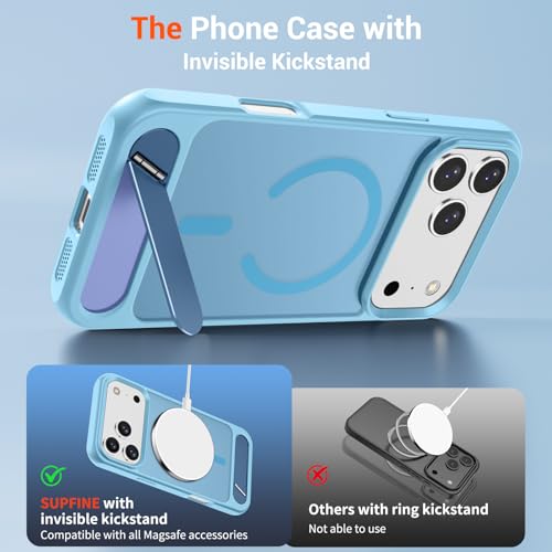 Image of SUPFINE Magnetic for iPhone 17 Pro Case Translucent Matte Phone Cover | (Built-in Invisible Kickstand)(Compatible with MagSafe)(Military Grade Drop Protection) Candy Blue
