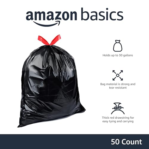 Image of Amazon Basics Multipurpose Drawstring Trash Bags,30 Gallon,(Previously Solimo),50 Count (Pack of 6)