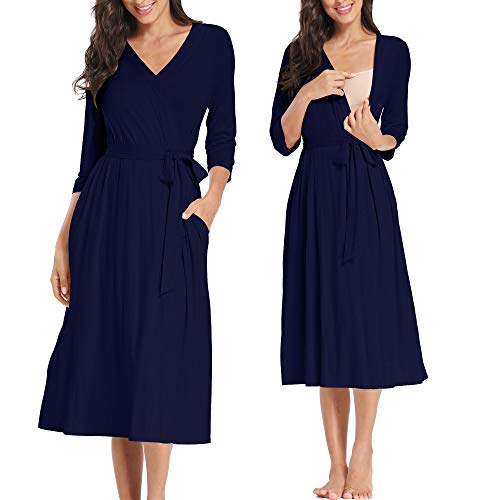 Maternity Robe Maternity Robes for Hospital Nursing Robe Super Soft with Pocke Navy Small