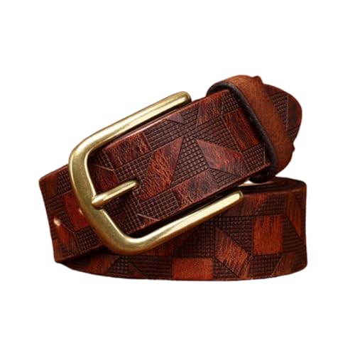 Thicken Genuine Leather Embossed Belt Distressed Strap Engraved Plaid Heavy Duty High Hardness Solid Brass Buckle