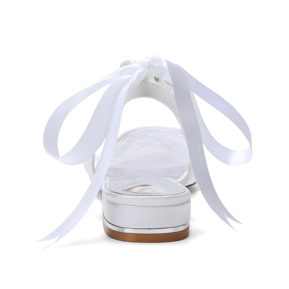 Generico Sandali Donna Sposa in Satin Pizzo Bassi Tacco Largo con Fiocco Ricamo Floreale Perle Cinturino alla Caviglia Scarpe Eleganti Matrimonio Festa