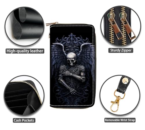 Skull with Wings Print Women Large Capacity PU Leather Double Zipper Wallet, Multifunctional Clutch Purse for Cash/Card/Coin/Smart Phone4