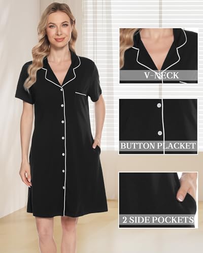 Vlazom Women's Nightgowns Short Sleeve Sleep Shirts Nightshirt V Neck Button Down Pajama Sleepwear S-XXL2