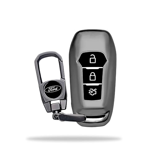 Image of SIAGO Premium TPU Car Key Cover and Metal Keychain Compatible with Endeavour, Figo Aspire, Freestyle 3 Button Flip Key (Grey)