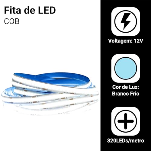 Fita Cob Super Led 5 M 320led/m 12v Ip20 Alto Brilho + Fonte (Branco Frio)