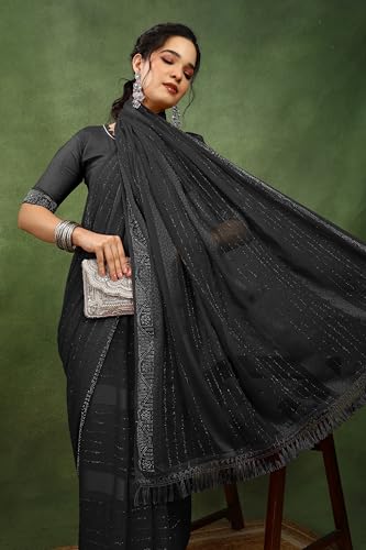 Image of MIRCHI FASHION Saree for Woman Georgette Solid with Satin Stripes | Stone Border Farewell and Ceremonial Sari with Blouse Piece