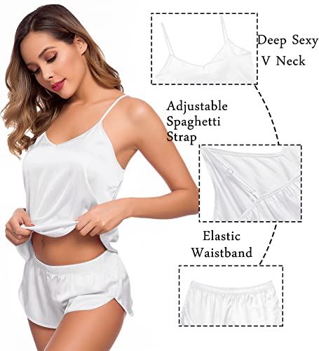Image of SWOMOG Womens Silk Satin Pajamas Sets 4pcs Sleepwear Sexy Cami Shorts Set and Button Down Short Sleeve Pjs Loungewear