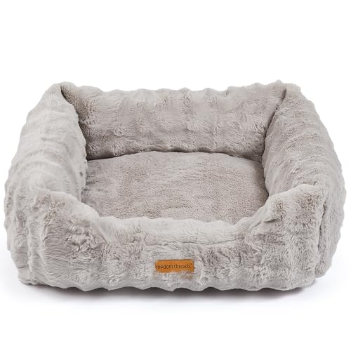 Image of Modern Threads Brushed Long Pile Rabbit Fur Cuddler Dog Bed, Bolstered Supportive Sides, Calming Nest Design, Removable Washable Cover, Bed for Small to Medium Dogs, Stone, (24 inch L x 20 inch W x 8 inch Th)