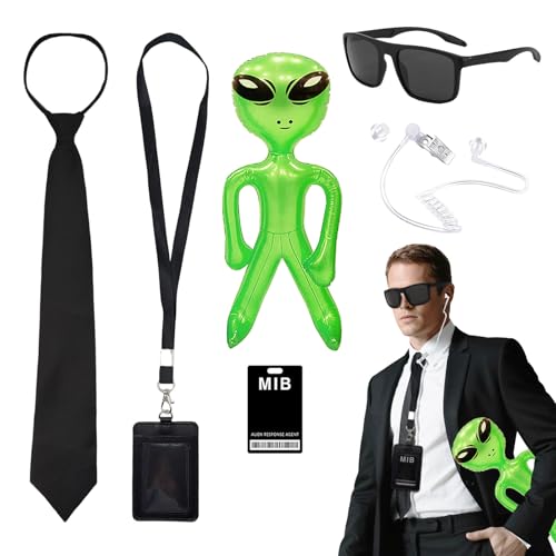 Image of FUIPVGI 7 Pack Agent Costume Accessories Set,Secret Service Costume Spy Costume Accessories with Green Inflatable Aliens Sunglasses ID Card Tie Card Holder Fake Earpiece for Cosplay Party (Black)