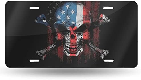 American Flag Skull Decorative Front License Plate Cover Vanity Tag Metal Car Plate Aluminum Novelty License Plate 6 X 12 Inch (4 Holes)