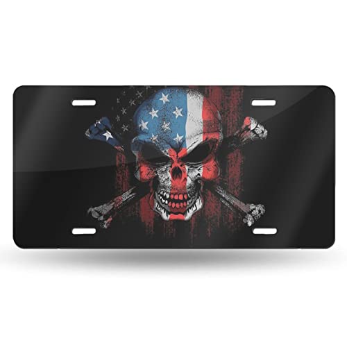 Skull American Flag Front License Plate Aluminum Decorative License Plates Funny Metal Car Plate 6"X12" Novelty Vanity Tag Cover with 4 Holes Car Decor Accessory by HANGWWZQ - Used condition - US$16.68