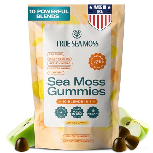 Sea Moss & Apple Cider Vinegar Gummies – 10-in-1 Herbal Blend with Black Seed Oil, Ashwagandha, Turmeric, Bladderwrack, Sea Vegetables, Burdock Root & Dandelion – Vegan, USA Made, Apple Flavor – 60 ct