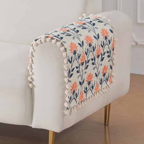 Image of HOKIPO Folk Garden Quilted Sofa Armrest Cover - 1 Pair | 'Tassel Twigs' Series (IN-987-T9*2)