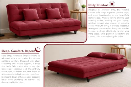 Image of Deco Studio Velvet Fabric Wooden Three-Seater Apsen Sofa Bed with Tufted Couch Sofa for- Living Room Furniture-Red-Color
