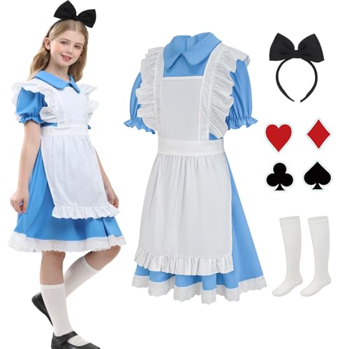 qnprt Halloween Costumes for Kids 2025 Alice in Wonderland Costume Girls Bulue Dress,7