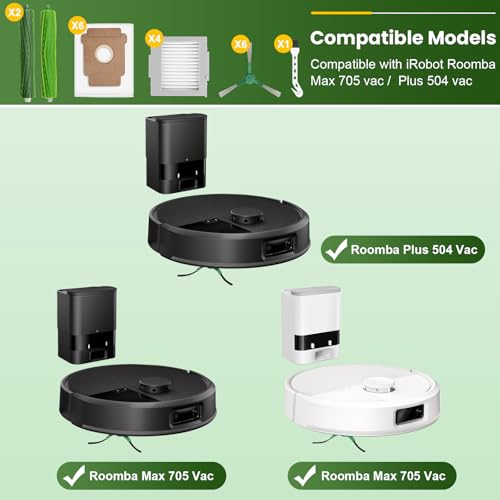 Image of 19 Pcs Accessories Kit Compatible with iRobot Roomba Max 705 Vac /Plus 504 Vac Robot Vacuum, Replacement Parts Include 2 Main Brushes, 6 Dust Bags, 4 Filters, 6 Side Brushes, 1 Cleaning Tool