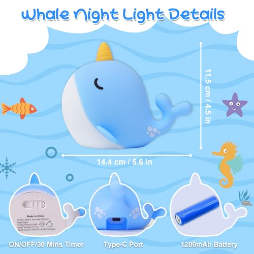 Image of Whale Night Light, Narwhal Ocean Squishy Silicone Lamp with Dimmable & 30 Mins Auto-Off, Rechargeable Baby Nursery Kids Room Decor, Cute Gifts for Boy Girl Birthday Xmas