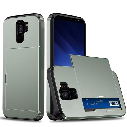 Coque Portefeuille pour Samsung Galaxy S9 avec Porte-Cartes, Étui de Protection Téléphone Double Couche Antichoc, Fente Cachée Coulissante, Antichoc TPU+PC Housse Portefeuille - Vert Militaire