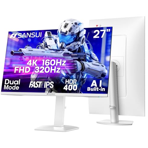SANSUI 27" 4K Gaming Monitor, UHD 160Hz or FHD 320Hz Dual Mode PC Monitor- Fast IPS 1ms(OD) 丨2&times;HDMI2.1丨2&times;DP 1.4丨Built-in Speakers丨Eye Care丨AI Crosshair丨PIP/PBP丨HDR400丨Rotating/Height Adjustable
