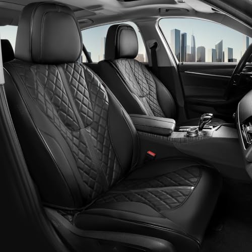 Image of Coverado Seat Covers Front Seat, Luxury Diamond-Pattern Black Leather Seat Cover & Carbon Fiber, 2 Pack Front Car Seat Covers, Waterproof Car Seat Protector Driver Seat Cover Universal Fit Most Cars