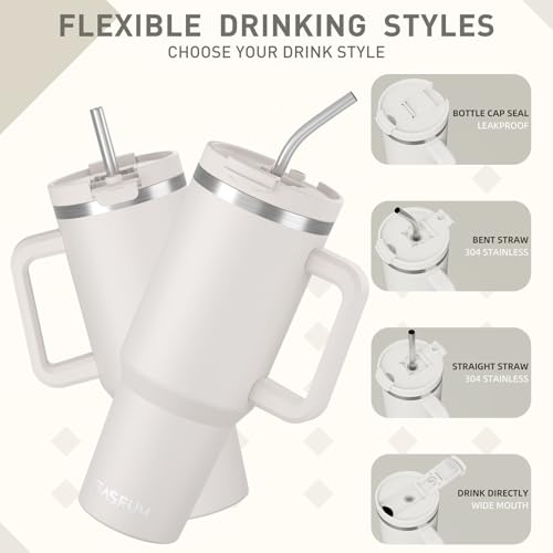 Image of SASEUM 40 oz Tumbler with Handle and Lid, Double Wall Stainless Steel Insulated Water Bottle with 2 Reusable Metal Straws, Leak-Proof BPA-Free Cup for Coffee, Iced Drinks and Travel - White